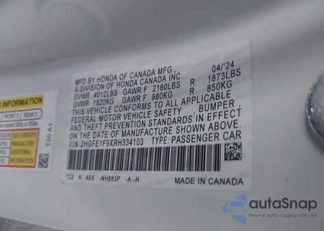 2024 Honda Civic Touring z USA, uszkodzony, nr VIN 2HGFE1F9XRH334103